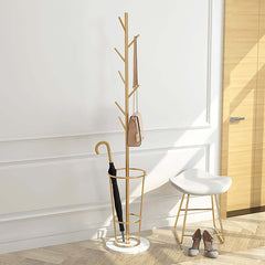 Modern Black and Gold Freestanding Coat Rack with Faux Marble Base