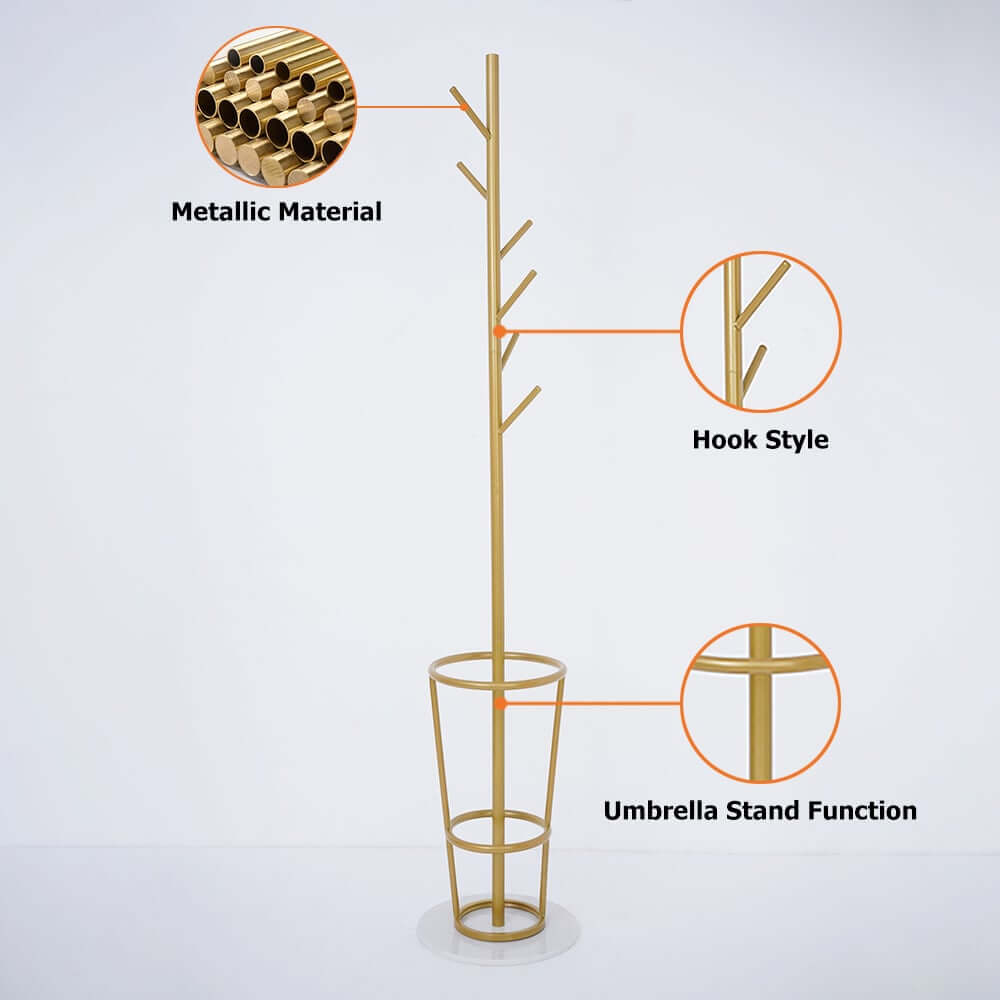 Modern Black and Gold Freestanding Coat Rack with Faux Marble Base