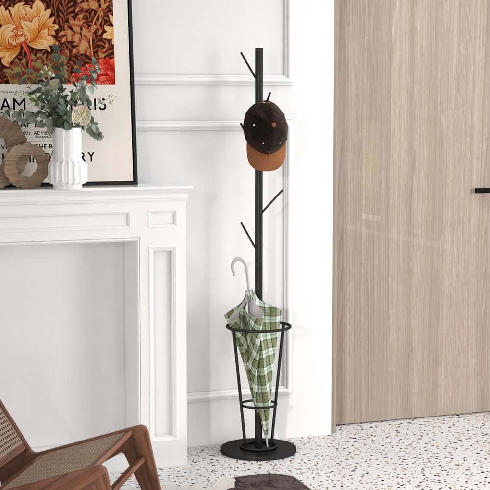 Modern Black and Gold Freestanding Coat Rack with Faux Marble Base