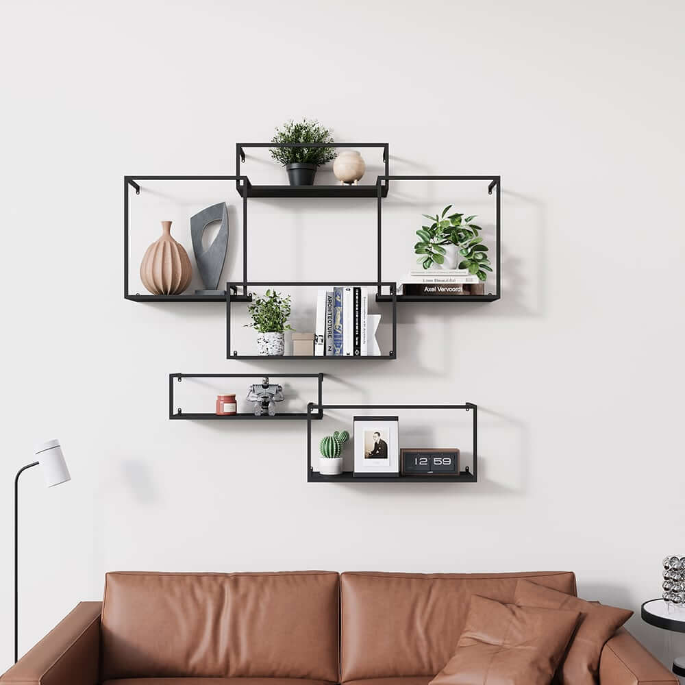 Modern Black and Gold Metal Floating Shelves - Set of 6