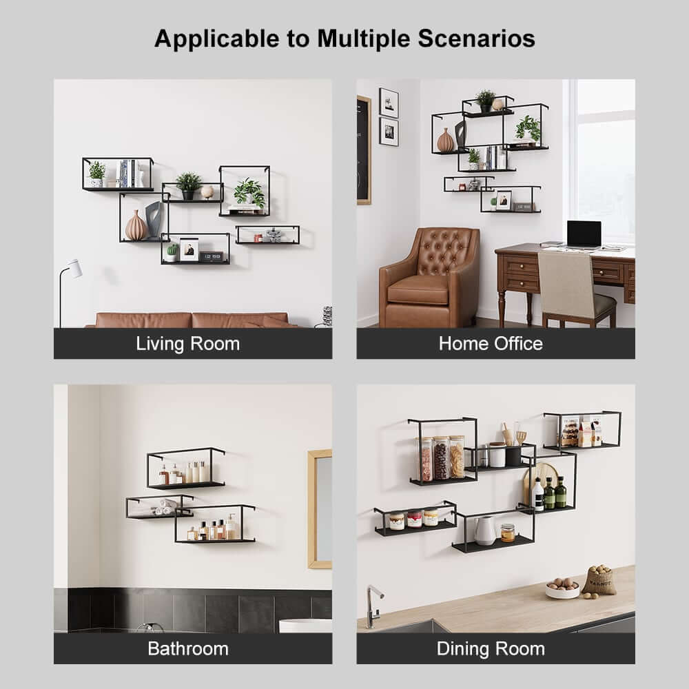 Modern Black and Gold Metal Floating Shelves - Set of 6