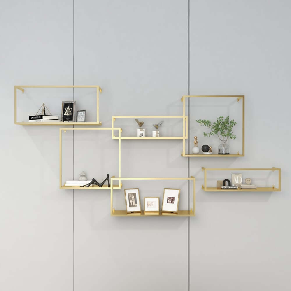 Modern Black and Gold Metal Floating Shelves - Set of 6