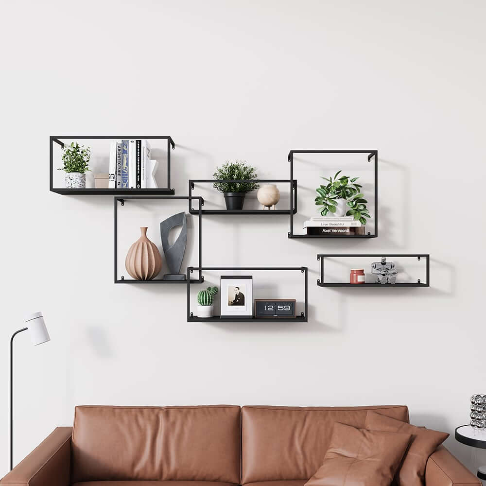 Modern Black and Gold Metal Floating Shelves - Set of 6