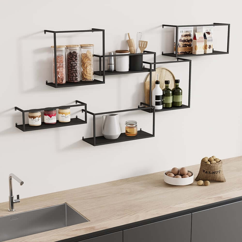 Modern Black and Gold Metal Floating Shelves - Set of 6