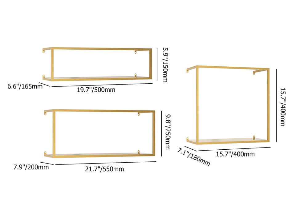 Modern Black and Gold Metal Floating Shelves - Set of 6 Dimensions