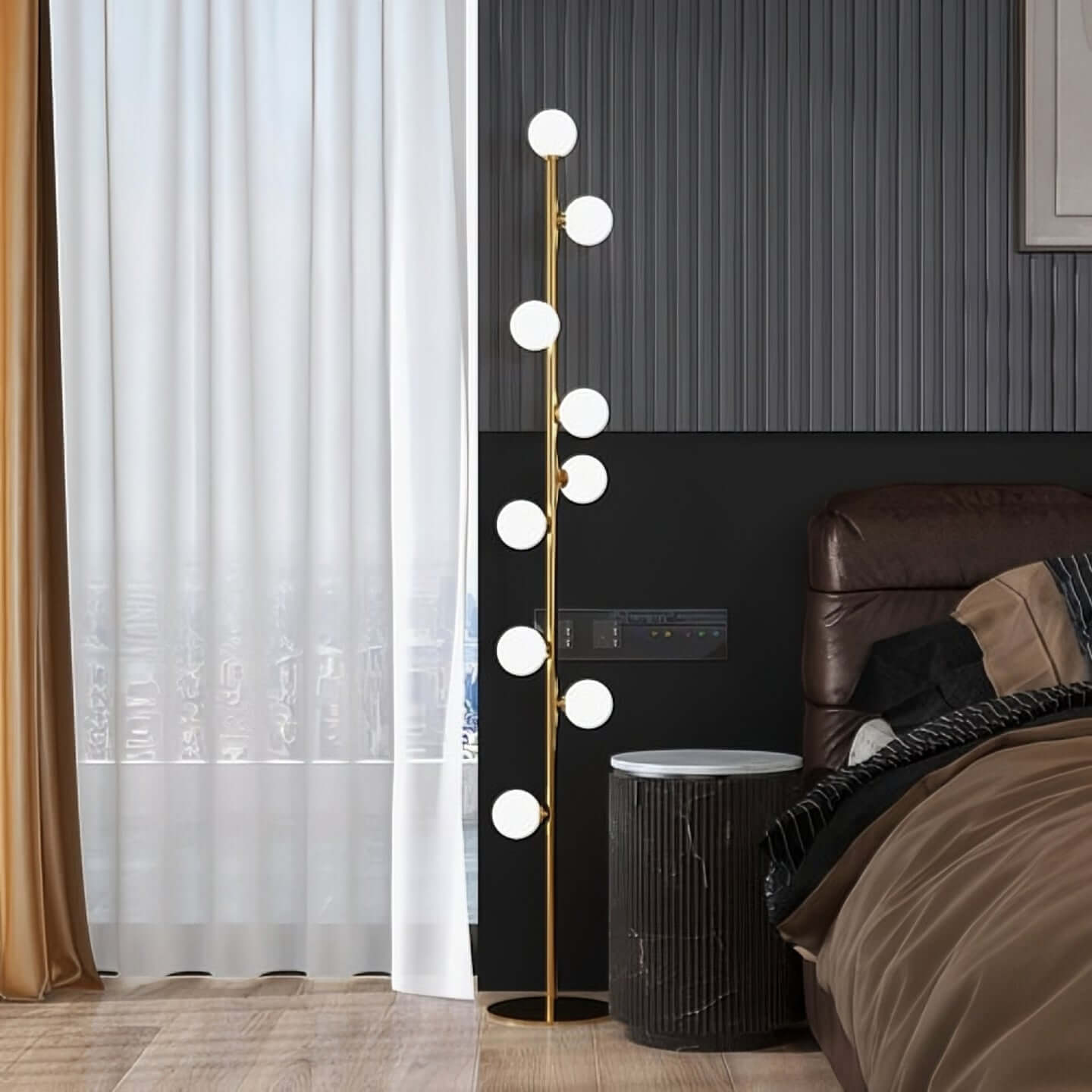 Modern Black and Gold Tree Floor Lamp with 9 LED Glass Globes