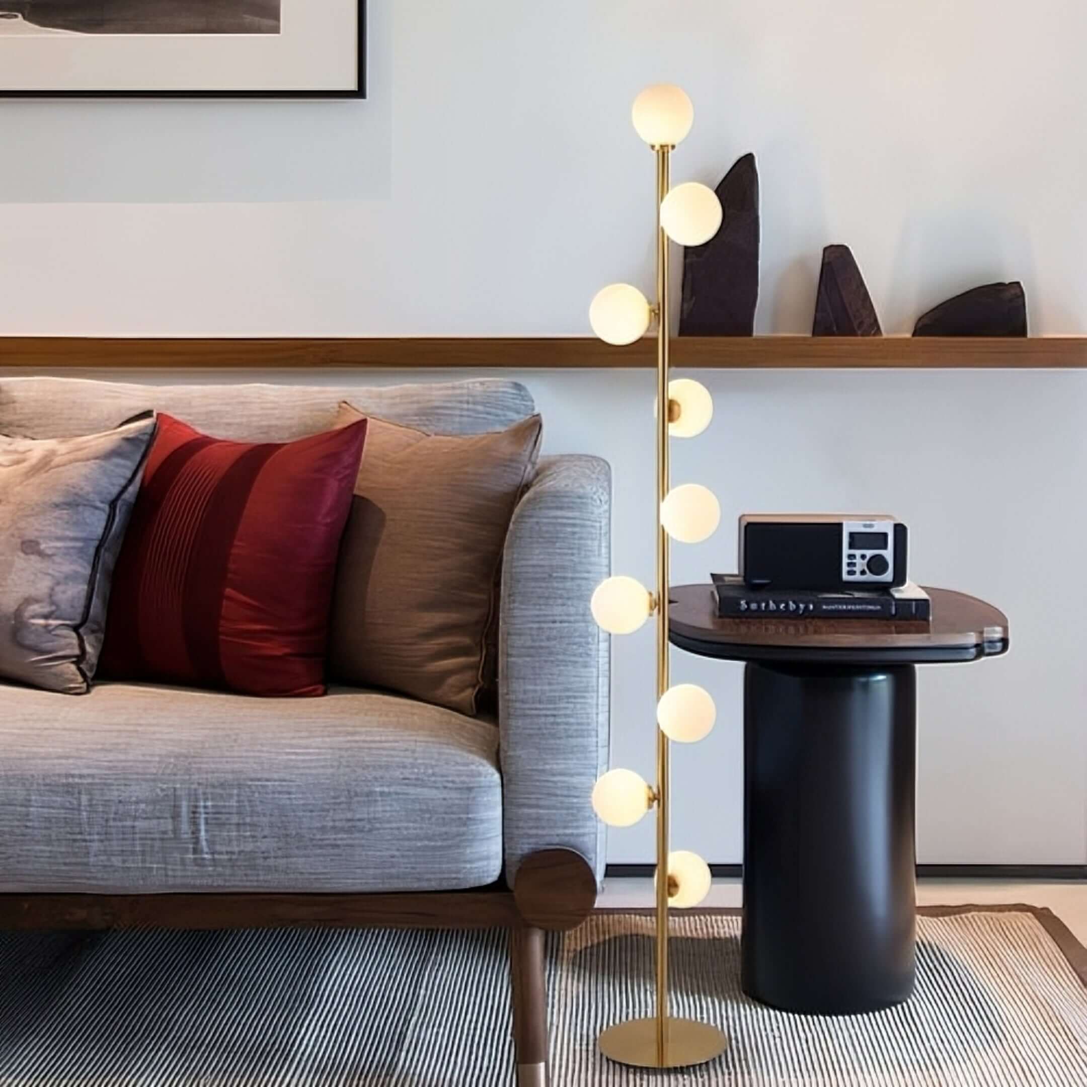 Modern Black and Gold Tree Floor Lamp with 9 LED Glass Globes