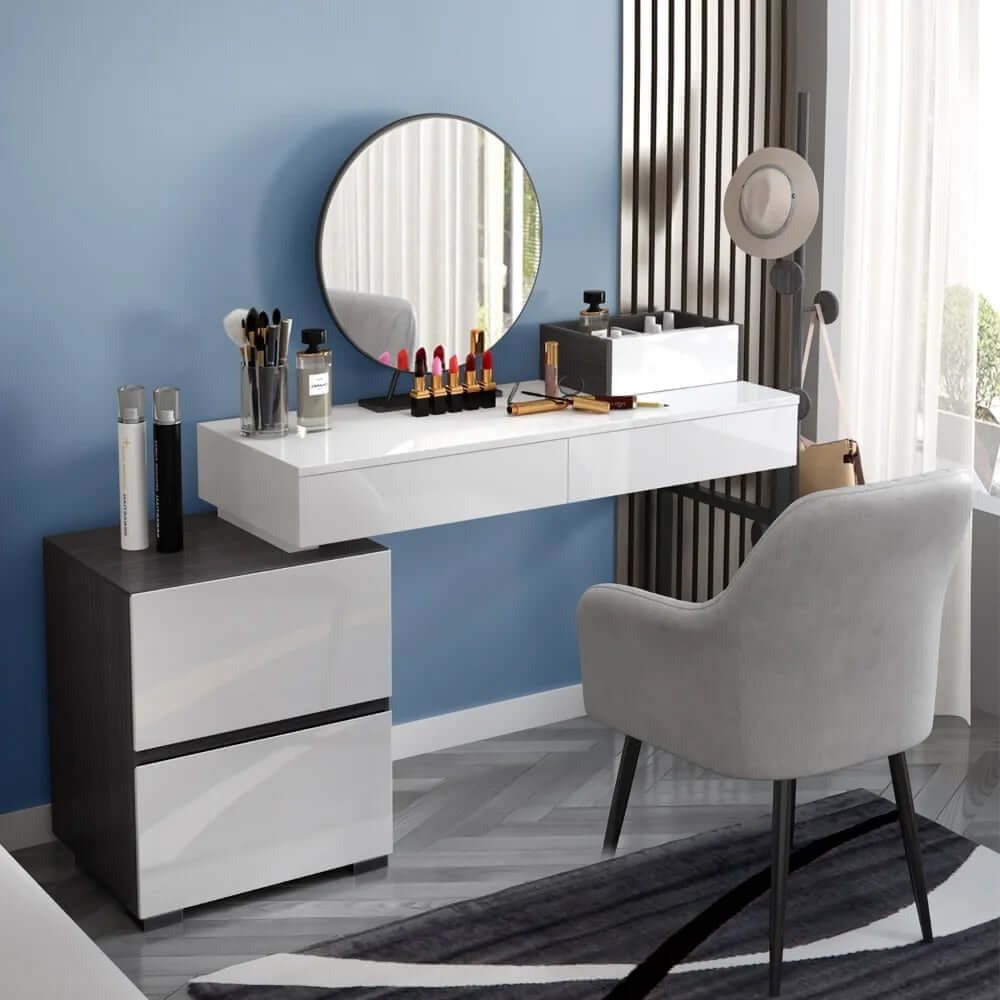 Modern Black And White Vanity With Mirror And 4 Drawers