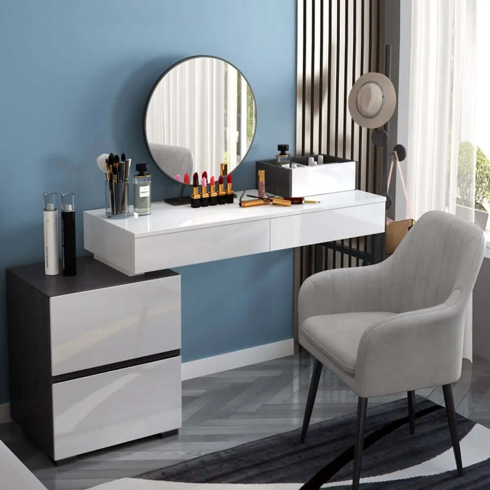 Modern Black And White Vanity With Mirror And 4 Drawers