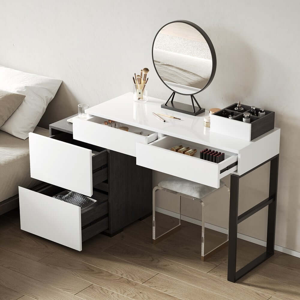 Modern Black And White Vanity With Mirror And 4 Drawers
