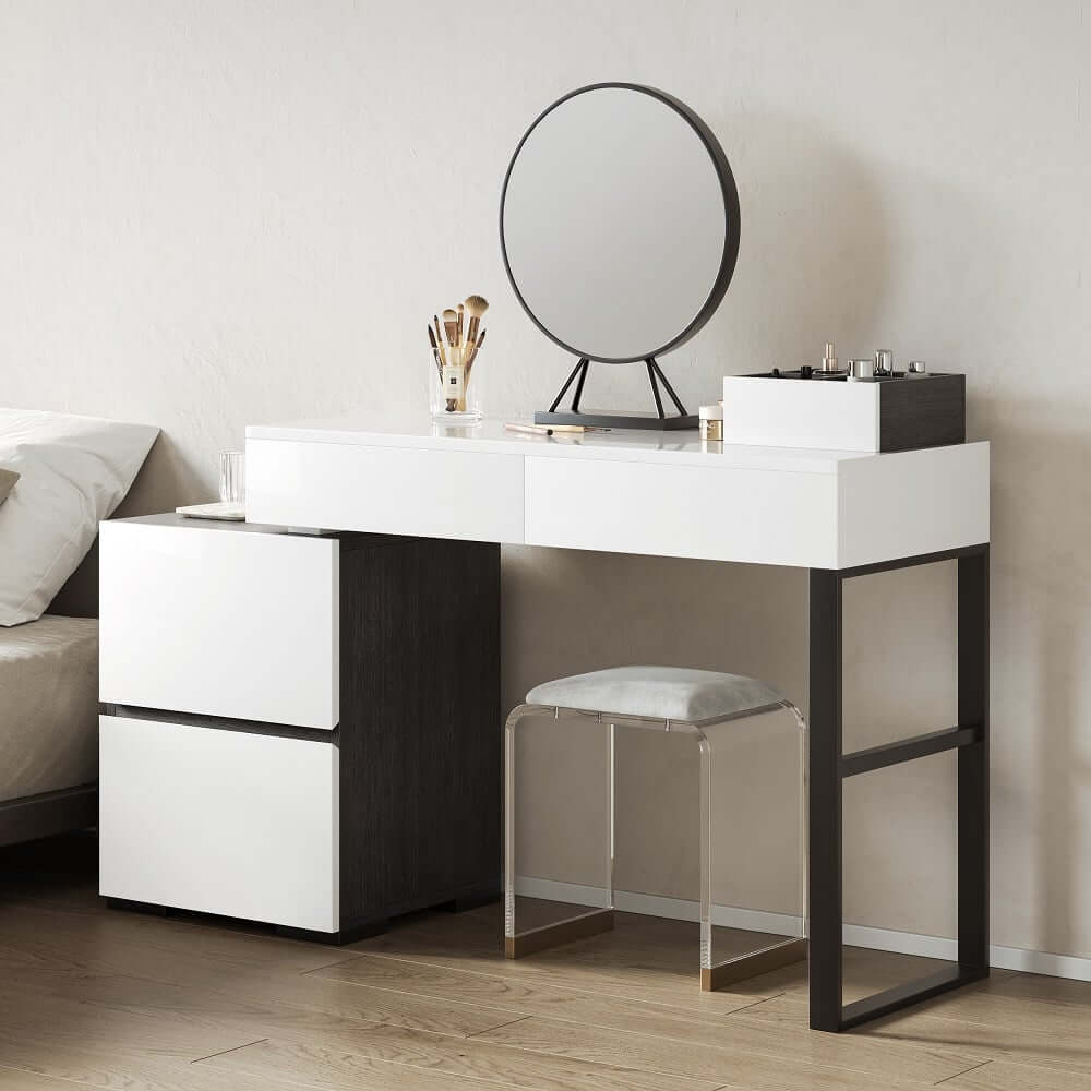 Modern Black And White Vanity With Mirror And 4 Drawers