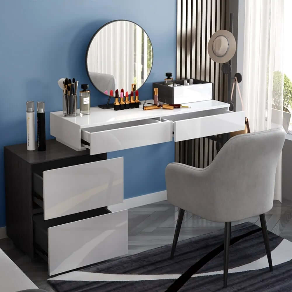 Modern Black And White Vanity With Mirror And 4 Drawers