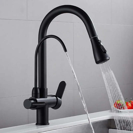 Modern Black Brass Pull-Out Kitchen Faucet with 360-Degree Swivel Spout Main Product Image