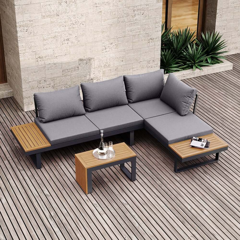 Modern Black & Brown Outdoor Sofa Set with Fire Pit