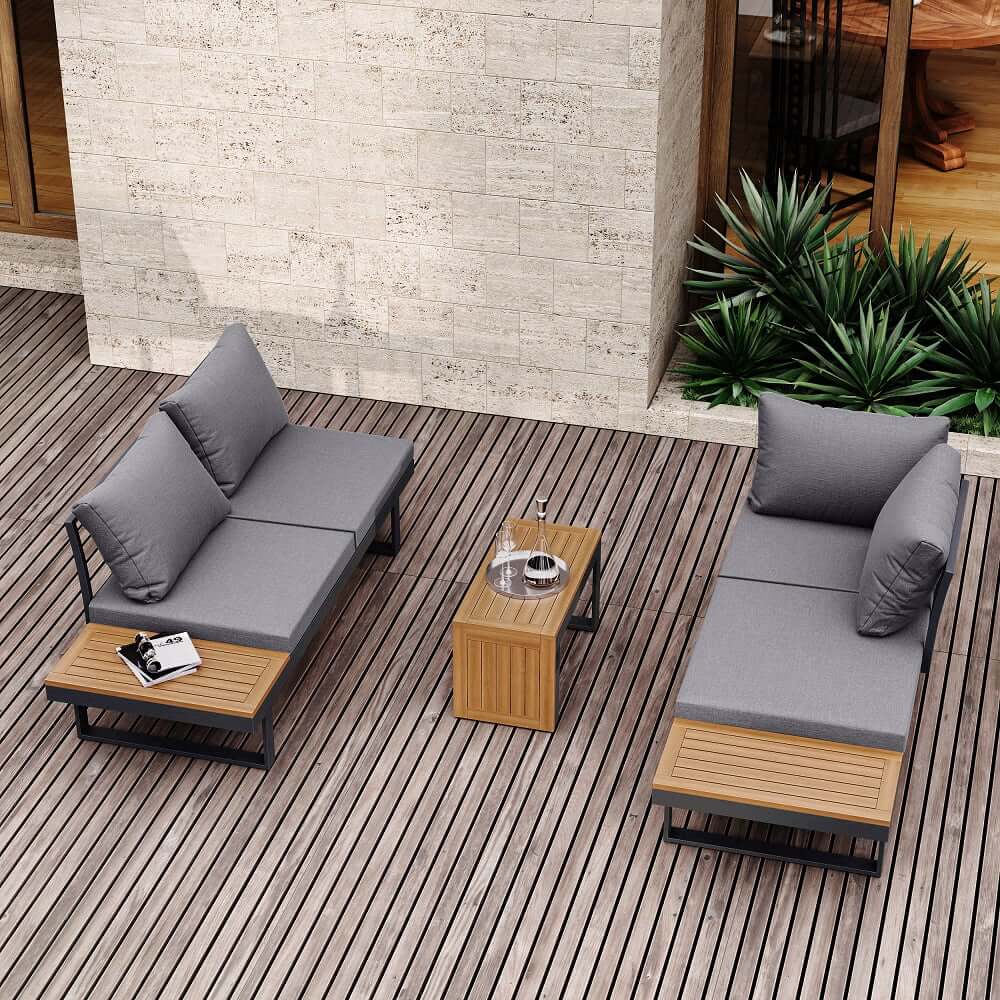 Modern Black & Brown Outdoor Sofa Set with Fire Pit