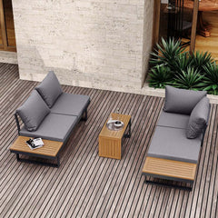 Modern Black & Brown Outdoor Sofa Set with Fire Pit
