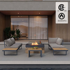 Modern Black & Brown Outdoor Sofa Set with Fire Pit