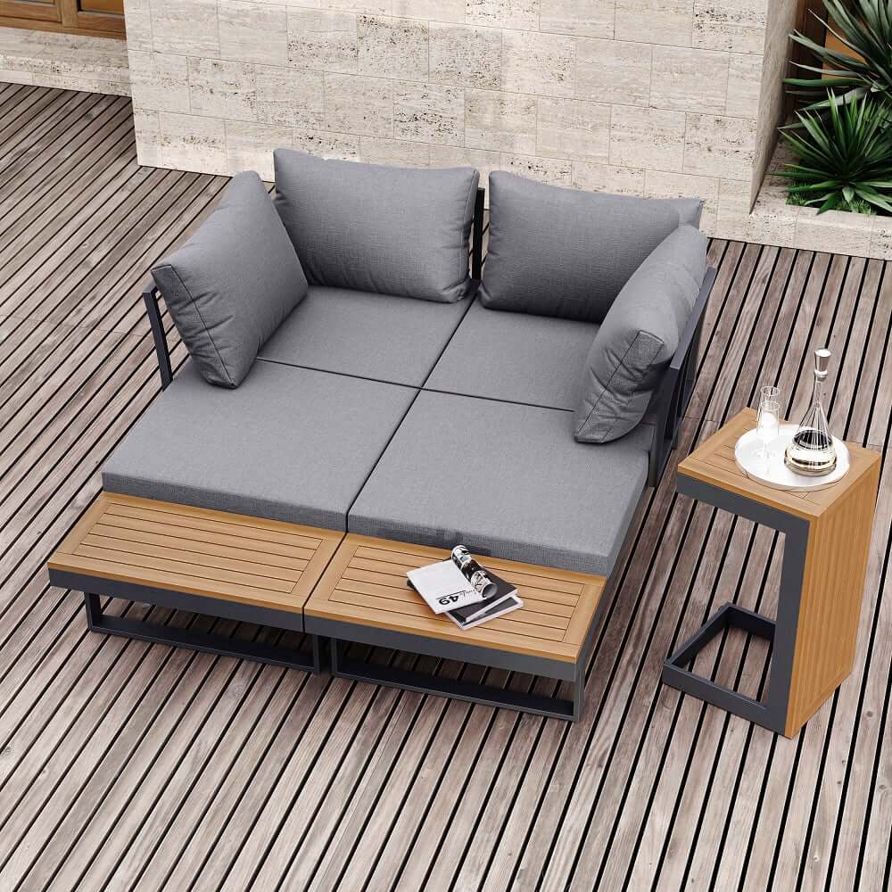 Modern Black & Brown Outdoor Sofa Set with Fire Pit
