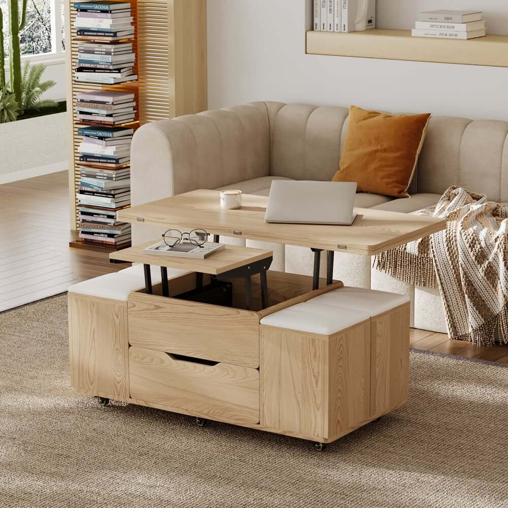 Modern Black Coffee Table with Storage Drawers & Wheels