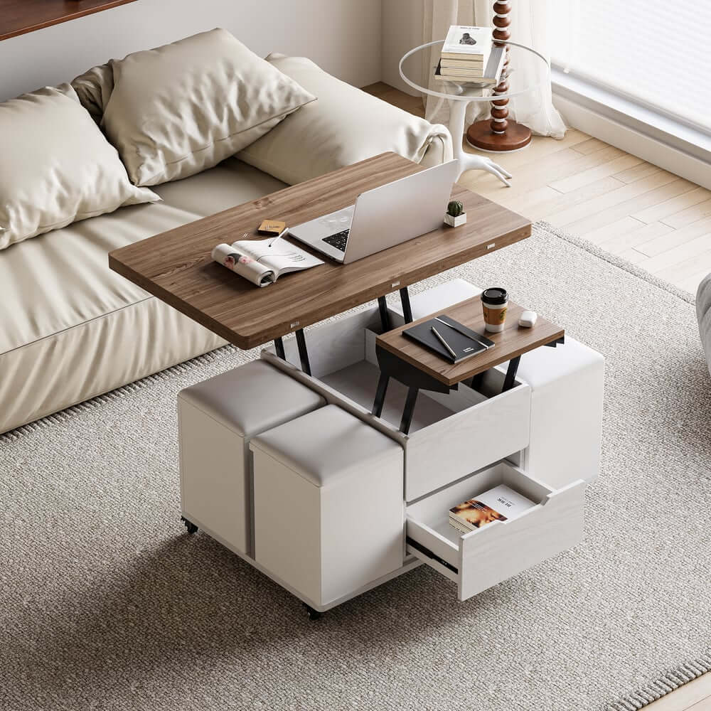 Modern Black Coffee Table with Storage Drawers & Wheels