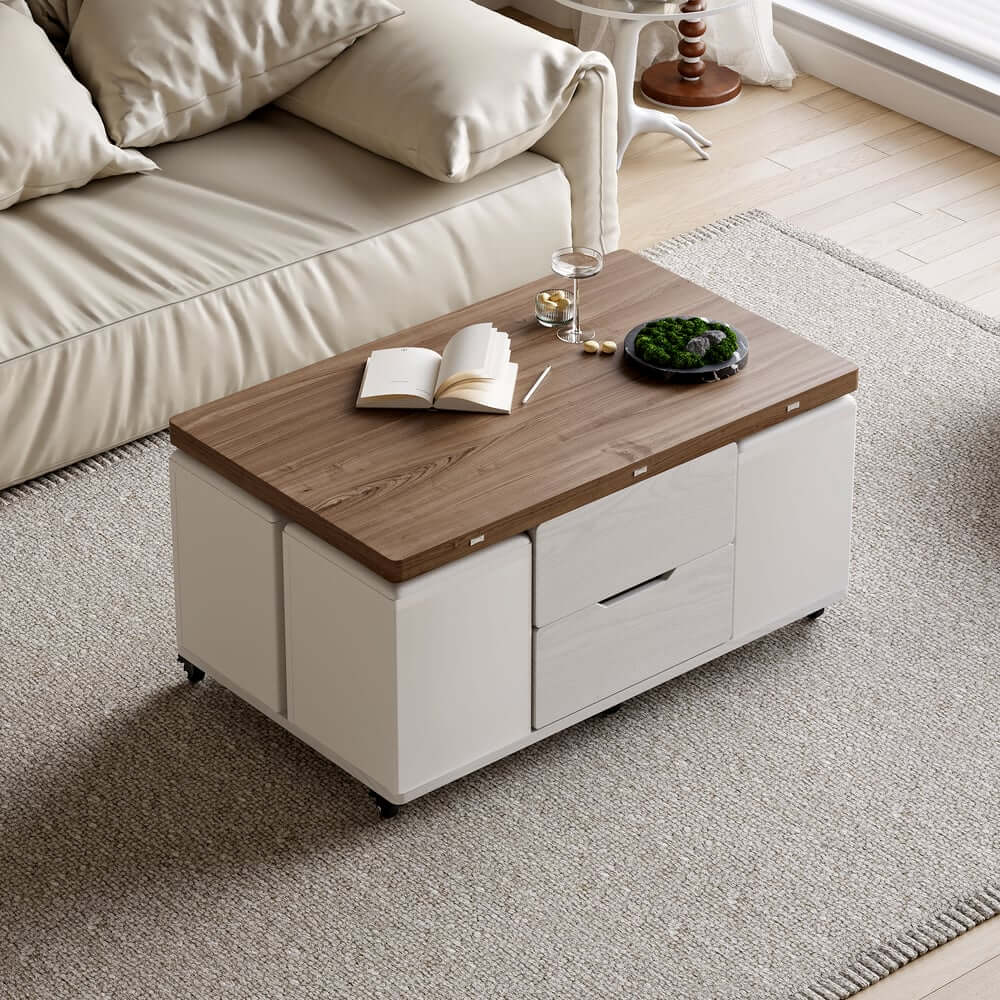 Modern Black Coffee Table with Storage Drawers & Wheels