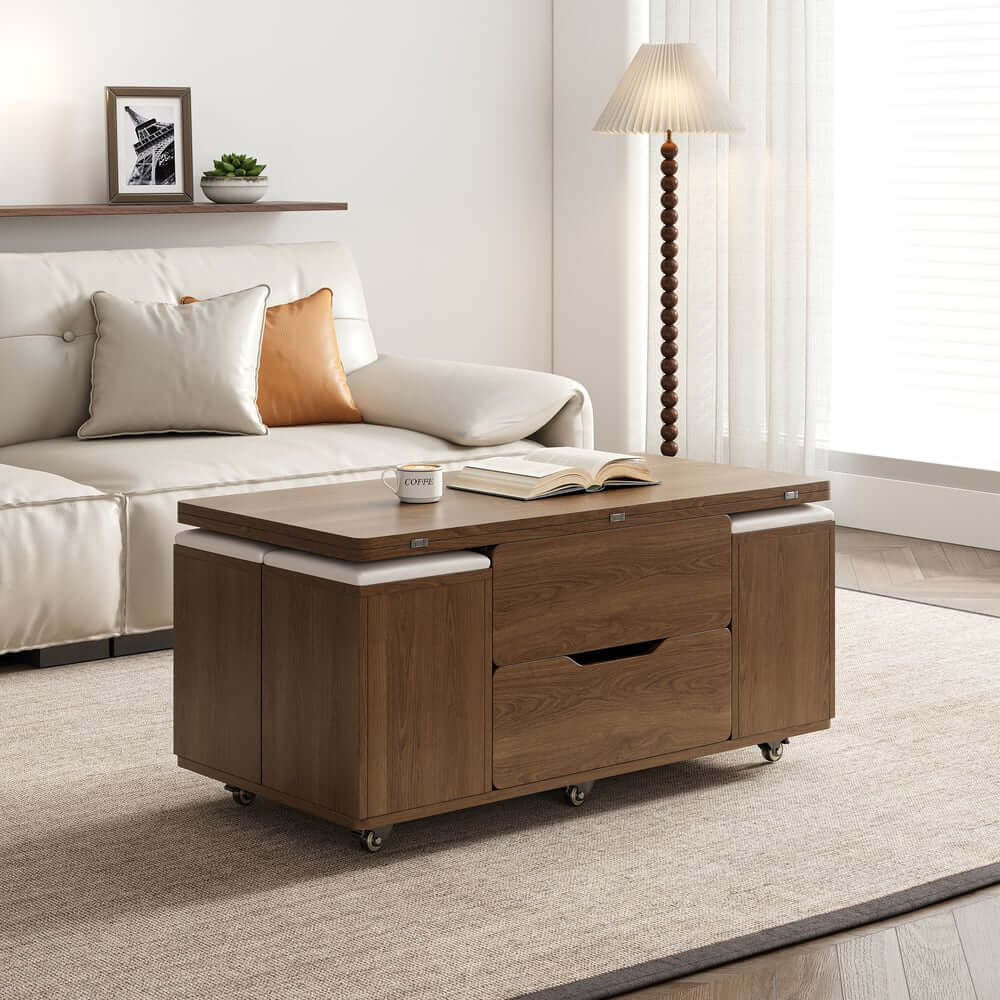 Modern Black Coffee Table with Storage Drawers & Wheels