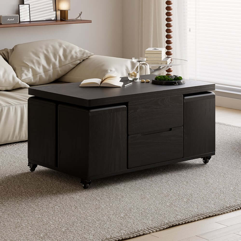 Modern Black Coffee Table with Storage Drawers & Wheels