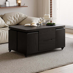 Modern Black Coffee Table with Storage Drawers & Wheels