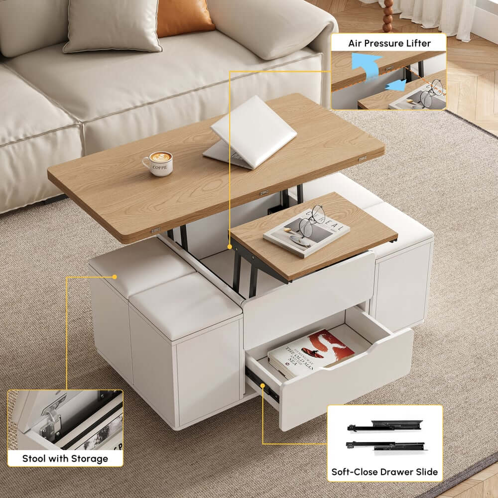 Modern Black Coffee Table with Storage Drawers & Wheels