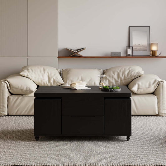Modern Black Coffee Table with Storage Drawers & Wheels