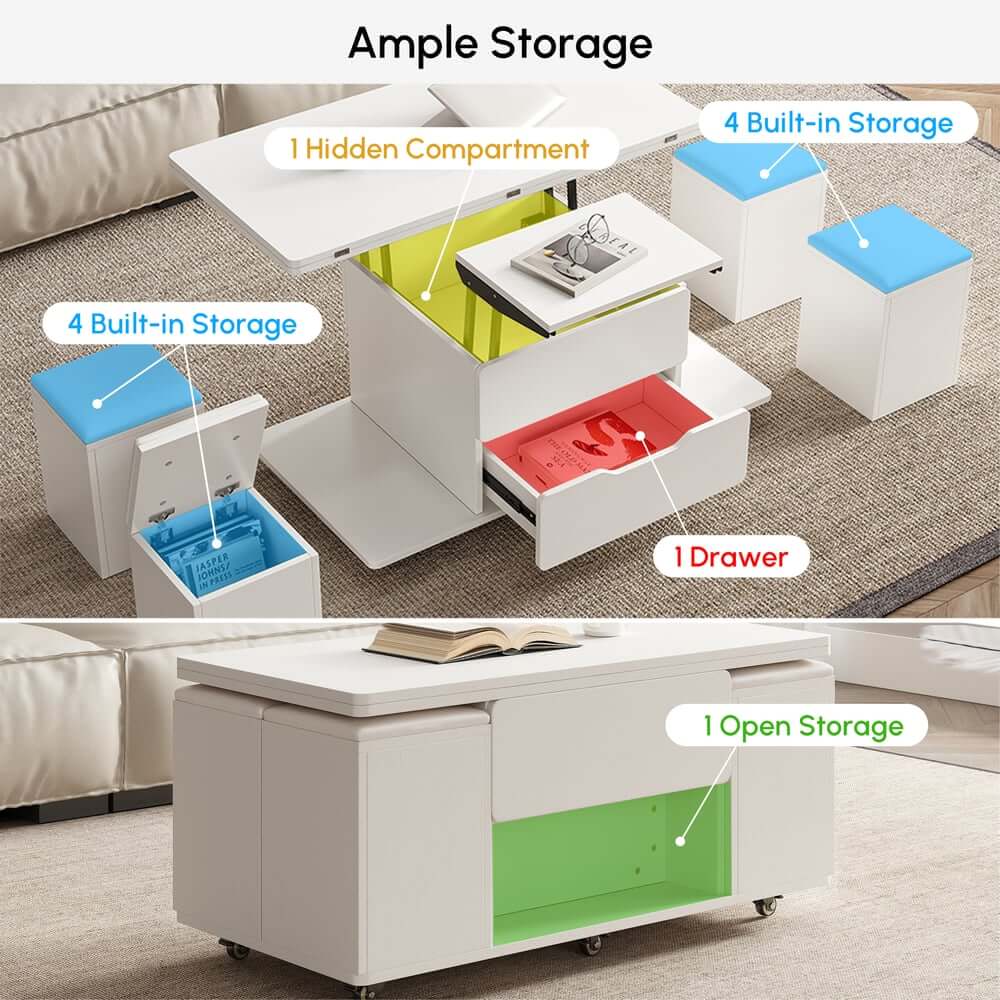 Modern Black Coffee Table with Storage Drawers & Wheels