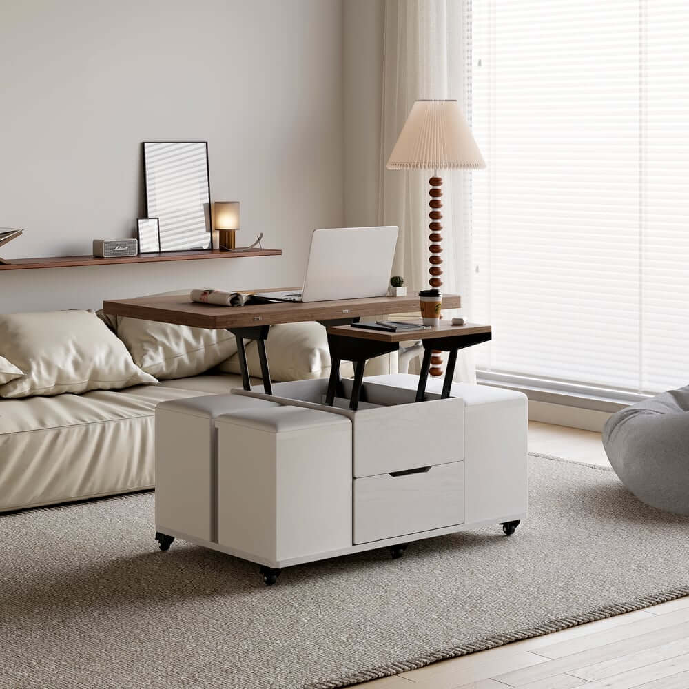 Modern Black Coffee Table with Storage Drawers & Wheels