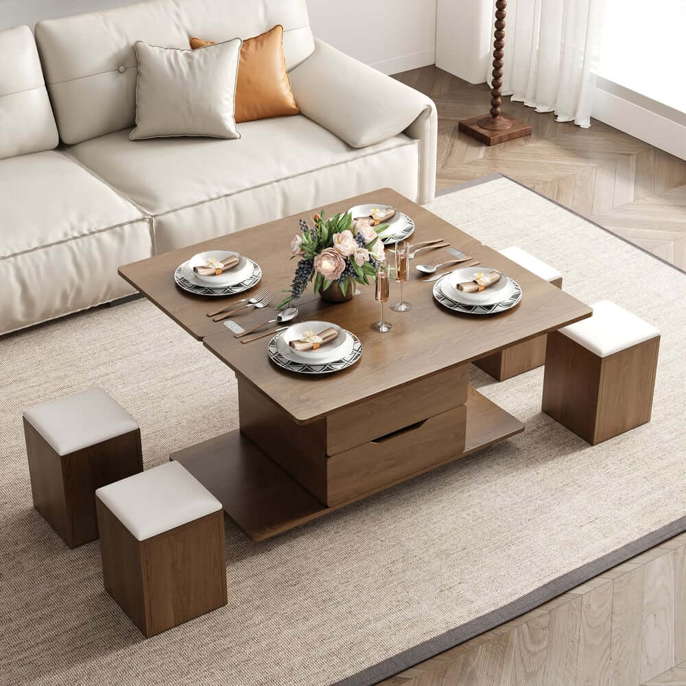 Modern Black Coffee Table with Storage Drawers & Wheels