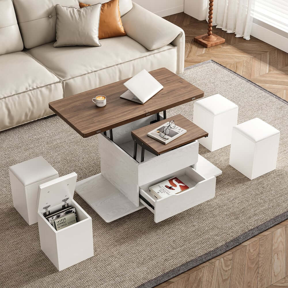 Modern Black Coffee Table with Storage Drawers & Wheels