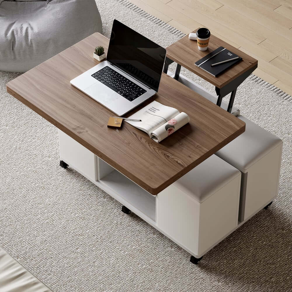 Modern Black Coffee Table with Storage Drawers & Wheels