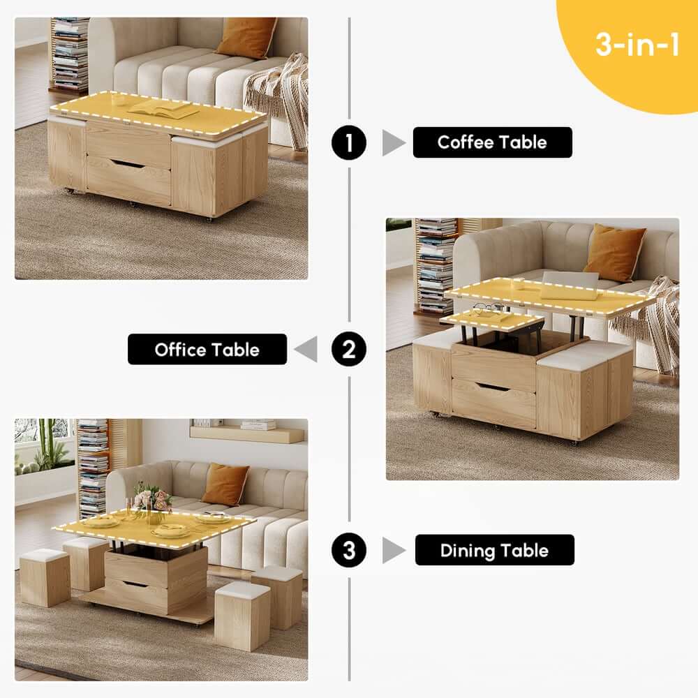 Modern Black Coffee Table with Storage Drawers & Wheels