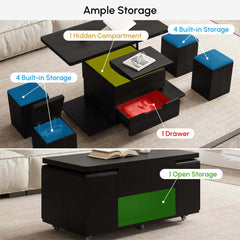 Modern Black Coffee Table with Storage Drawers & Wheels
