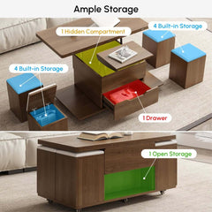 Modern Black Coffee Table with Storage Drawers & Wheels