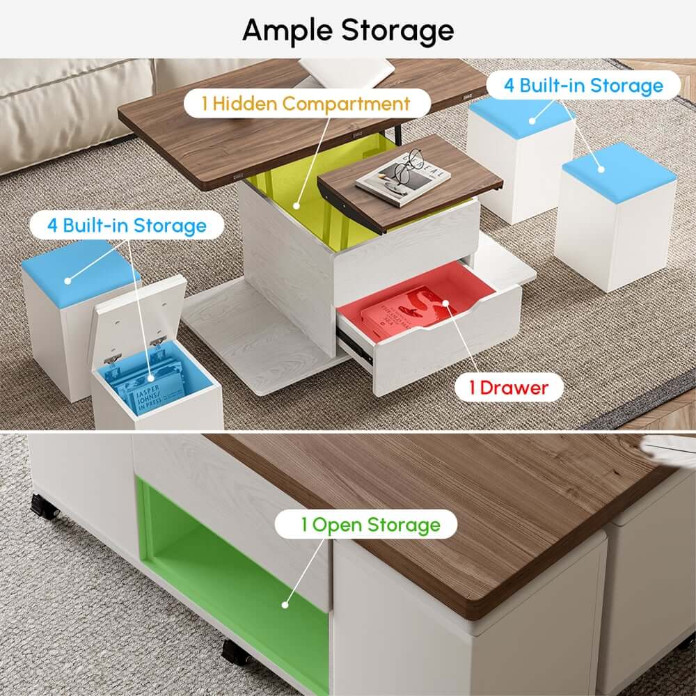 Modern Black Coffee Table with Storage Drawers & Wheels