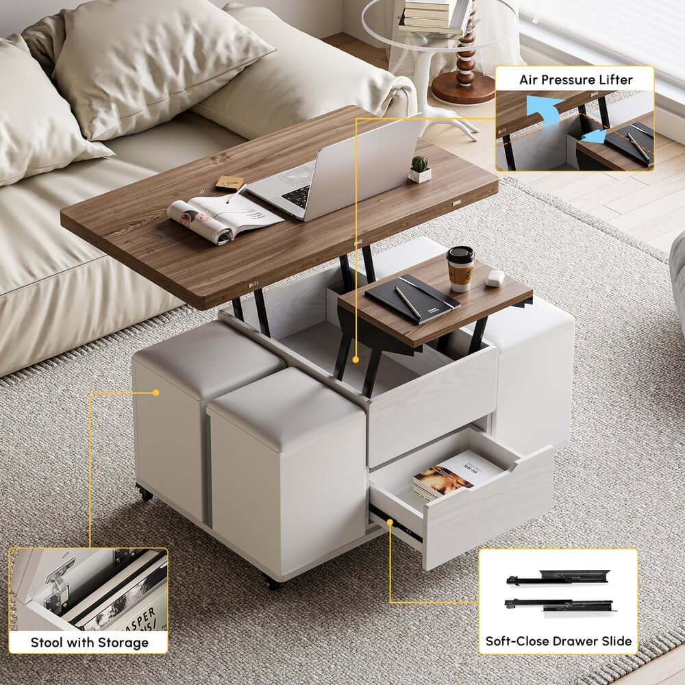 Modern Black Coffee Table with Storage Drawers & Wheels