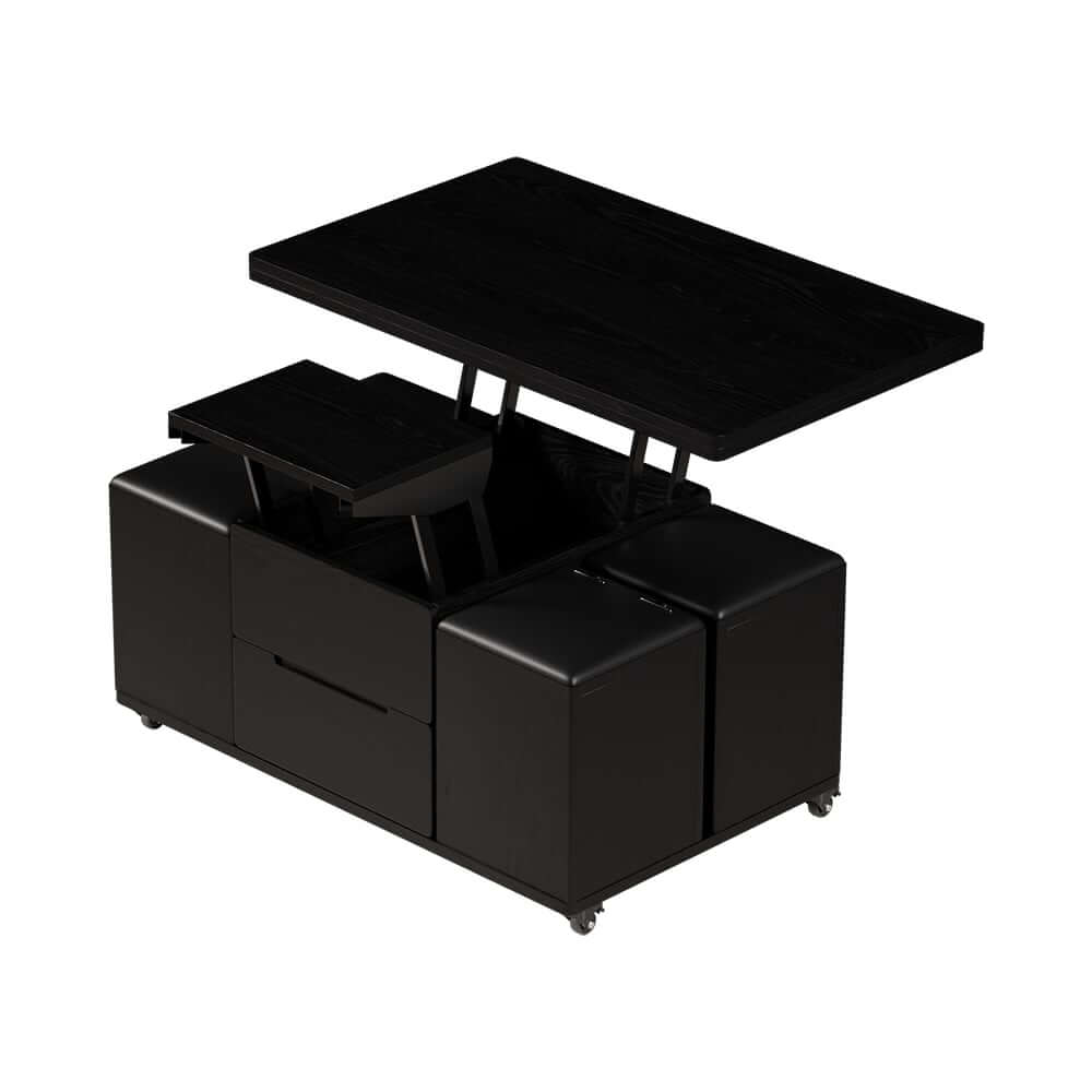 Modern Black Coffee Table with Storage Drawers & Wheels