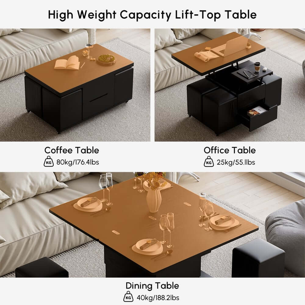 Modern Black Coffee Table with Storage Drawers & Wheels