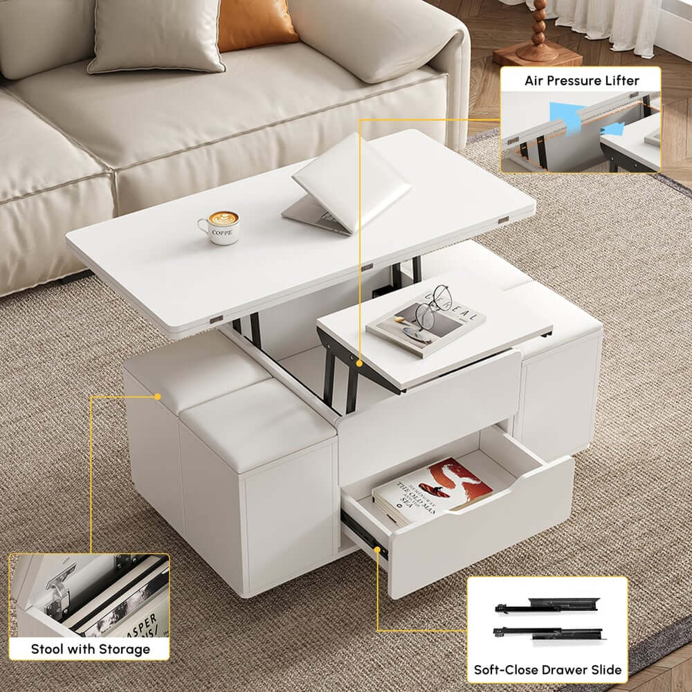 Modern Black Coffee Table with Storage Drawers & Wheels