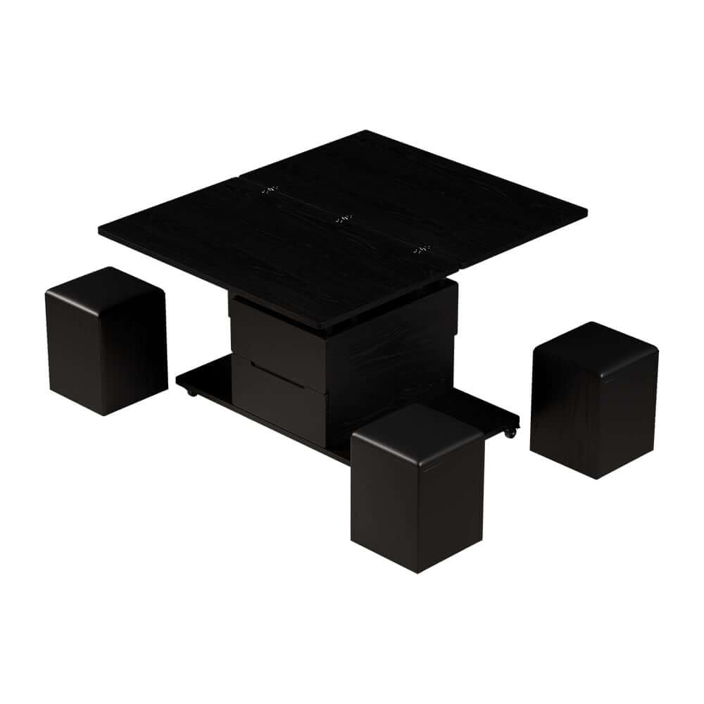 Modern Black Coffee Table with Storage Drawers & Wheels