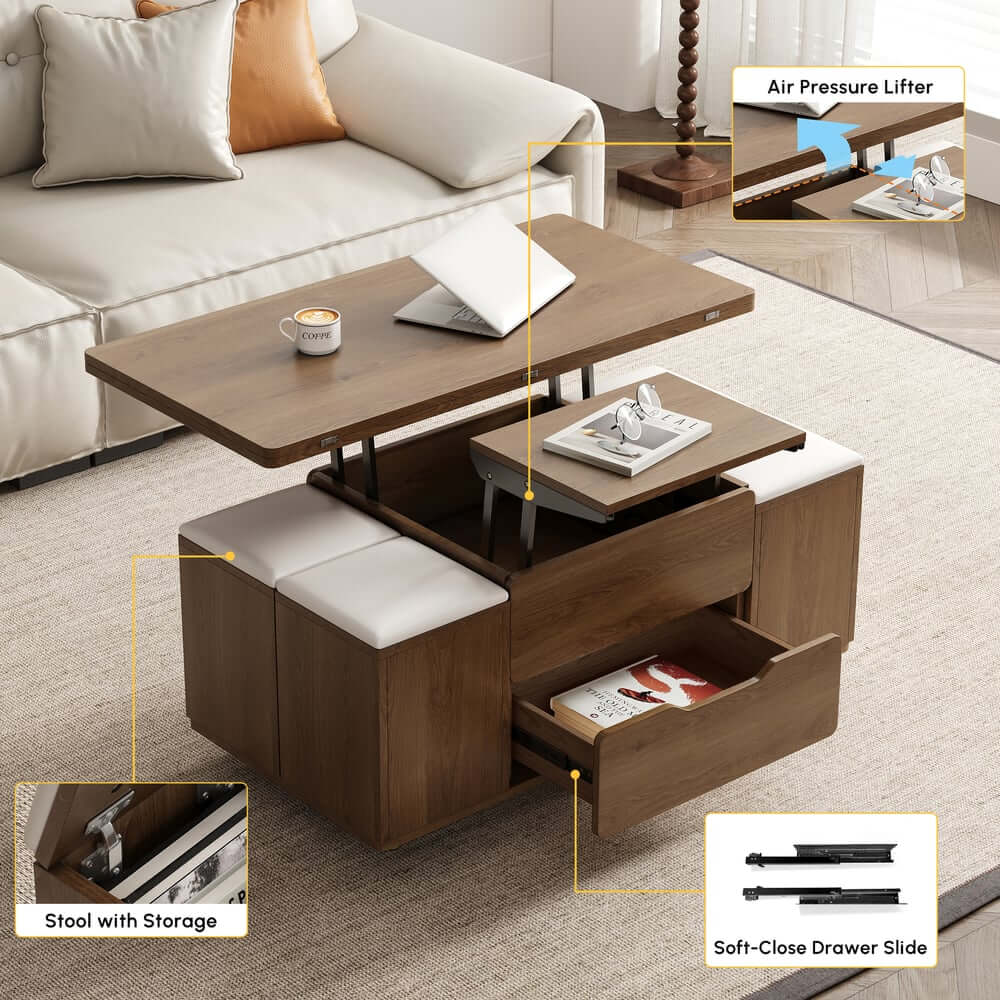 Modern Black Coffee Table with Storage Drawers & Wheels