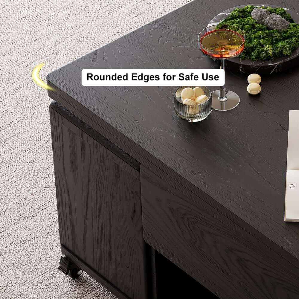 Modern Black Coffee Table with Storage Drawers & Wheels