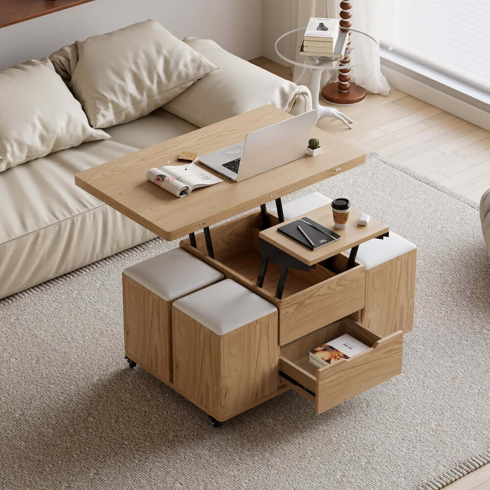 Modern Black Coffee Table with Storage Drawers & Wheels