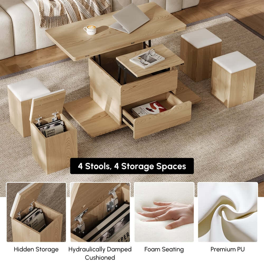 Modern Black Coffee Table with Storage Drawers & Wheels