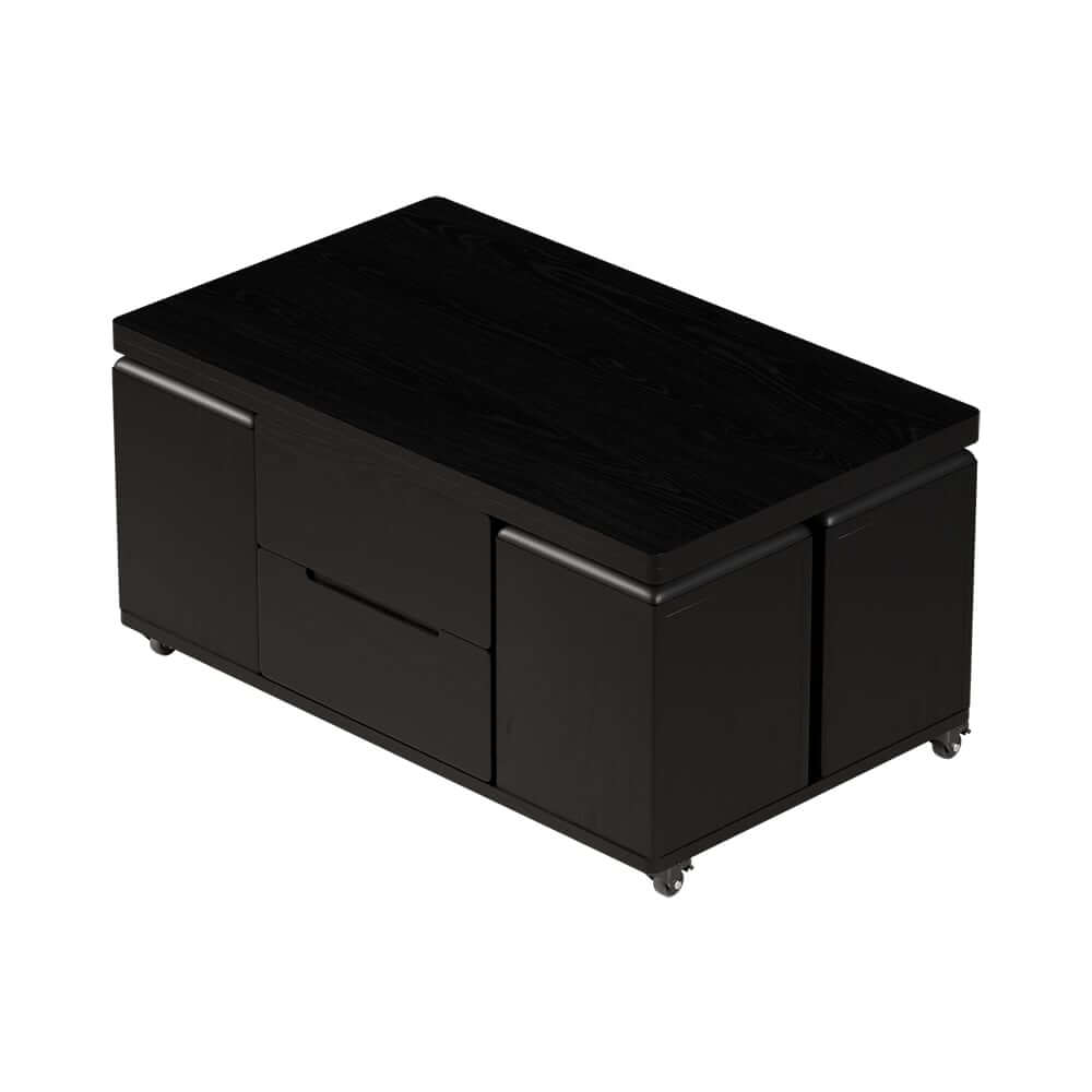 Modern Black Coffee Table with Storage Drawers & Wheels
