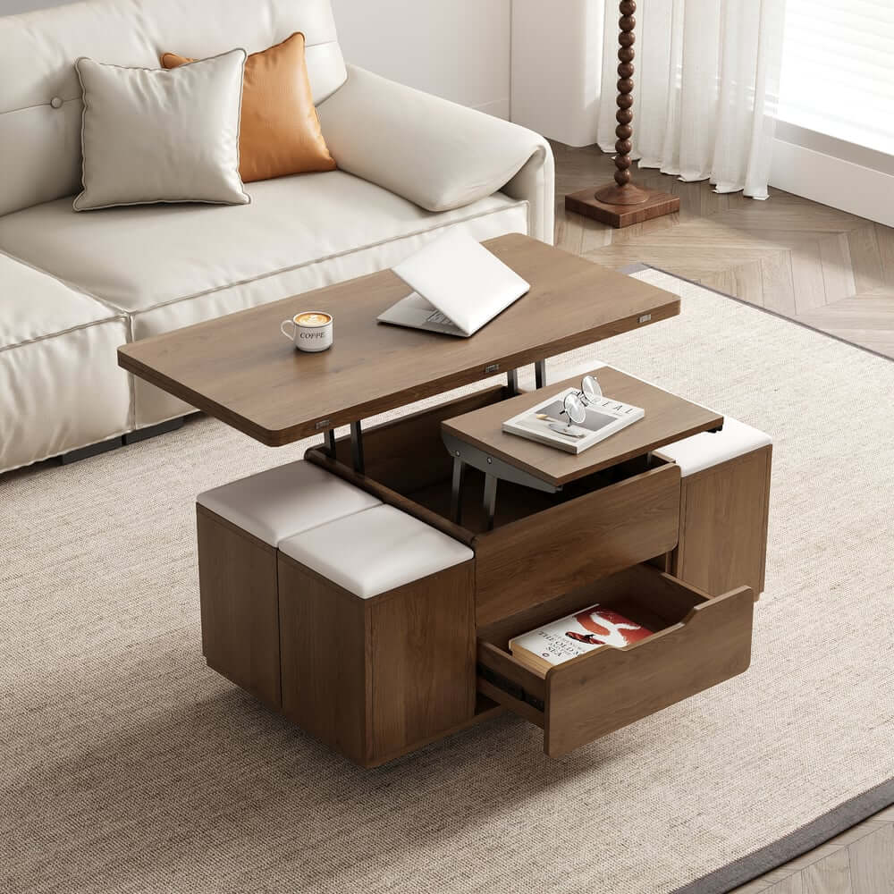 Modern Black Coffee Table with Storage Drawers & Wheels